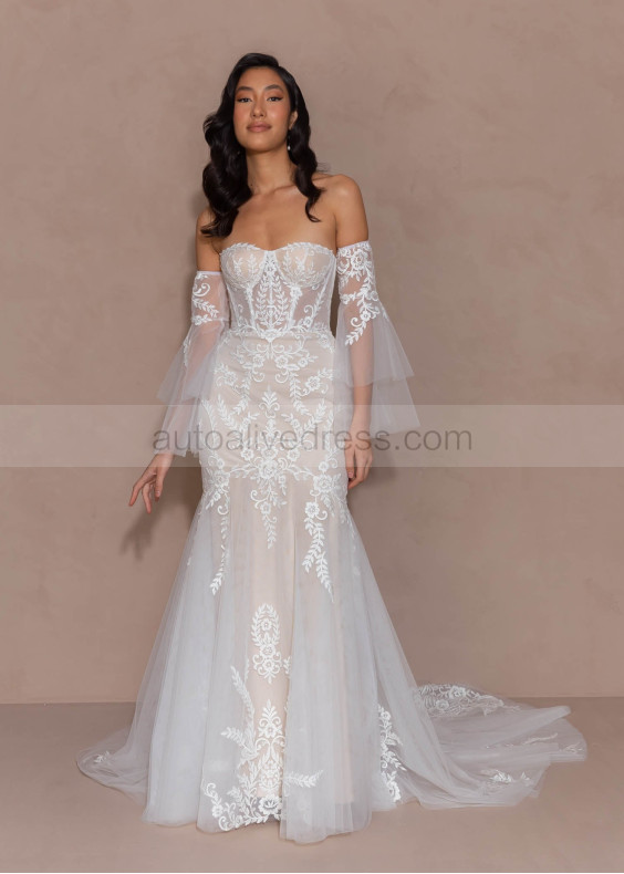 Ivory Embroidered Lace Tulle Enchanting Wedding Dress With Nude Lining